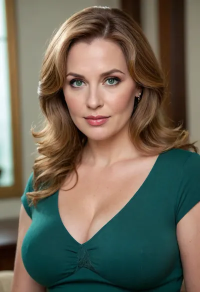 mature woman, 50s, obese build, natural curves, shoulder-length light brown hair, fair warm skin, upper body portrait, deep green v-neck top with cleavage, natural bust, soft mature drop, realistic bosom shape, soft belly contour, oval face, full lips, faint lines, blue-green eyes, flirtatious gaze, textured wall, ornate square panel, photorealistic, 8k, raw photo, detailed skin texture, cinematic lighting, 85mm lens, shallow depth of field