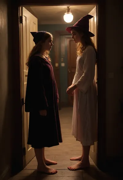 1girl, (Hermione Grainger, short, age 23), and 1boy, (Harry Potter, age 24), facing each other, Hermione is standing in the doorway, wearing a nightgown and a witch hat