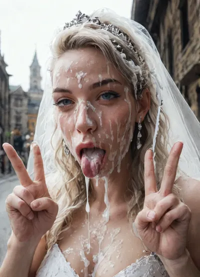 UHD 8K, cinematic masterpiece, maximum quality, maximum details, maximum realism, (bride), (blowjob face:1.5), (half open eyes:1.3), excessive cum on chin, (excessive cum in mouth), (cum leaking from nose), (((excessive cum in hair:1.3))), (((dynamic side angle view))), smeared makeup, running eyeliner, tongue out, (((both hands peace sign)))