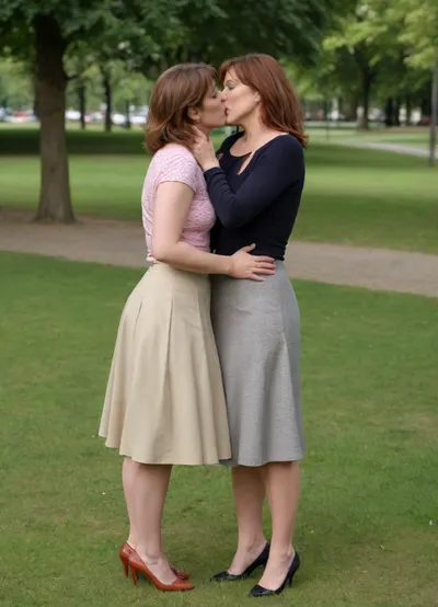 masterpiece, best quality, two very attractive, (curvaceous), (middle aged:1.6), married wives with, ((big natural tits)), standing in a public park, (passionately kissing each other:1.4), (one hand under the hem of the skirt:1.6), french, kiss, <lora:french_kiss_xl_v1:1.4>