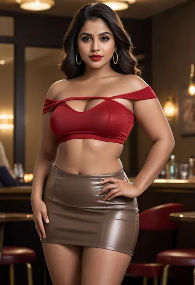 ((photorealistic image)), gorgeous 18-year-old dark-skinned Indian woman, extra plump and chubby build, extra wide hips, thick thighs, bold ultra-confident club pose, deep S-curve stance, hips pushed slightly to one side, one leg forward with playful knee bend, one hand lifting voluminous hair off shoulder, other hand resting low at waist, sultry over-the-shoulder glance, bright confident smile, body angled to spotlight curves and outfit, strong nightlife energy, wearing sexy modern trendy youthful bold skin-baring crop top with sheer panels and intricate cutouts, high-waisted figure-hugging mini skirt in glossy leather, legs elongated by stiletto heels, sleek minimal accessories, gold jewelry, smokey eye makeup, red lips, head-turning bold seductive vibe, hyperrealistic skin texture, detailed pores, realistic lighting, nightclub atmosphere with dim spotlights, ultra-detailed, 8k, sharp focus, professional photography, (photorealistic:1.3), no artifacts