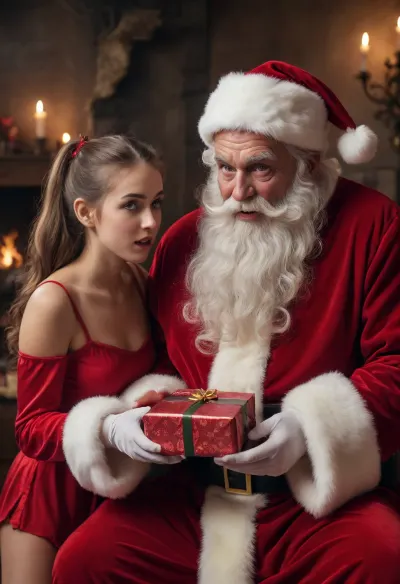 In a dimly lit, smoke-filled room of an ancient castle, a deranged figure resembling, (a brutal and demonic Santa Claus:1.4), (hands out a gift, vibrator:1.5), (to a 20 years old woman with perfect pussy, His eyes are wild with madness as he gets an perfect blowjob:1.2), and his weathered face is captured in meticulous detail, from the intricate lines of his skin to his unkempt beard. He wears the classic red Santa outfit with plush, white fur trim and black gloves, adding to the eerie ambiance. The young woman, dressed in a short, silk nightgown, kneels an sucks with passion cock, her expression and delicate features rendered in high resolution. The scene captures the tense interaction between the two, emphasizing the unsettling atmosphere and the detailed anatomy of both characters, (ziprealism:1.3), ultra-sharp details, realistic skin texture, refined contrast, 8k detail, authentic facial expression, clean composition, (maximum photo quality:1.4), (maximum resolution:1.5), longnips
