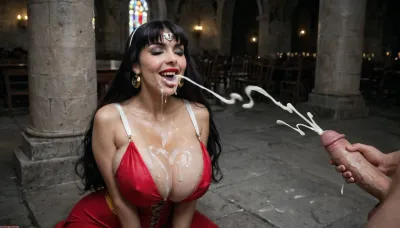white man with a huge 20 inch penis, sitting on a stone altar in a church, vampirella kneeling in front of him, (milf:1), thick curvy hourglass body body, giant perky breasts, breast expansion, hyper wide hips, massive giant perky tits, giant fat ass, black hair, handjob, (ejaculation:1.5), happy face, (realistic excessive thick runny cum all over her face and body), cum on forehead, nose full of cum, mouth full of cum, lots of very thick cum, loads of cum, woman, on, face, excessive bukkake, cum, facialized, superfacialized, excessive cum dripping from penis, <lora:SDXL_MassiveCowsLoRA_v1:.5>