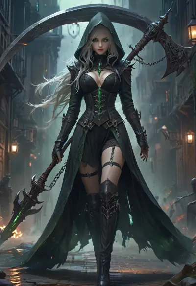 Dark nun, sexy, slender, fair skin, glowing green aura, glowing eyes, dark hood, long white hair, cleavage, big belt, elaborated leather corset, high-cut panties, thigh gap, long tunic, thigh-high boots, garter belts, thigh belts, richly decorated outfit, detailed clothes, holding big scythe, chains on scythe, walking, <lora:Dark Nun (Pony):.8>, XUER, Dark, girl, holding, scythe, <lora:绪儿 暗黑少女 XUER Dark girl:.8>, dark, aura, <lora:Dark_Aura_XL_-_Filled_with_miasma:.8>, <lora:detailed_notrigger:.8>