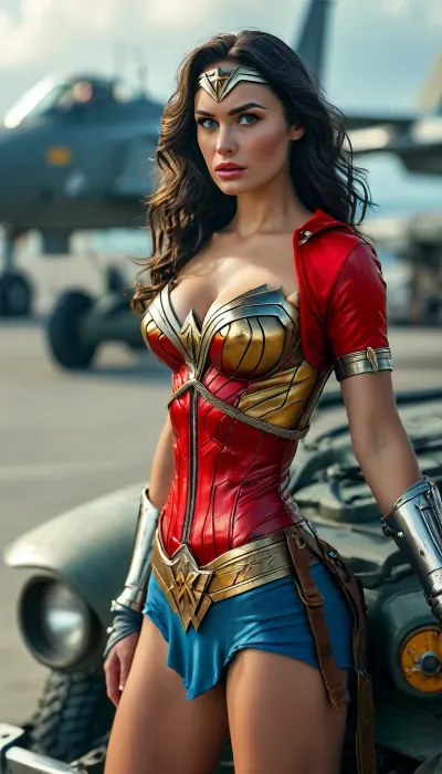 Create an image of *Wonder Woman* in her classic WWII-era costume a red, gold-breasted armor top with a prominent eagle emblem, emphasizing her enormous 36DD breasts and showing deep cleavage. Confident expression, looking at viewer with her light blue eyes. Include her golden tiara and silver bracelets. Sitting on the hood of a Jeep at a U.S. air base runway with clear blue skie., <lora:MJ52:2>, <lora:add-detail-xl:2>, <lora:BUT_SDXL_SHS:.3>