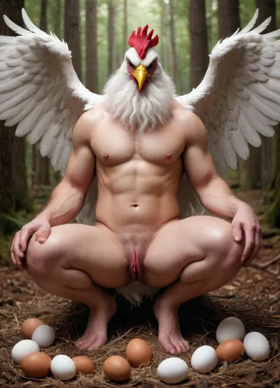 Bird man. Feathers. Part chicken. Humanoid. Wing arms. Hybrid. Human face. Beak. Part bird. Beak on a human. Nude. Nest with eggs. Bird monster. Wings attached to arms. Feathered body. Laying eggs. Furry art. Talons. Chicken hybrid. Chicken man. Intersex. Cock comb. Feathered face. Egg laying. Laying an egg. Egg coming out. Giant eggs. Egg emerging from vagina. Full body. Male. Beard. White hair. White beard. Red hair streak. Beaked mouth. Chicken legs. Vagina. Pussy. Birthing eggs. White feathers covering body. Wings instead of arms. Squatting over nest laying an egg. Armless. Not an angel, <lora:anthro_muscular-000009:.8>, 30 years old. Transplant of animal body parts onto human.