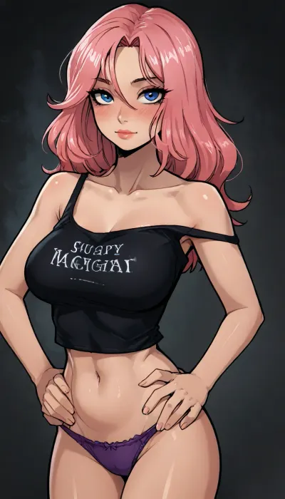 (Reiq meet markgavatino style), innv style, Milf, pink hair, (at doorframe), bimbo body, wearing black tank top off at a shoulder, and purple panties, hands on hips, flirty, (intense blushing), high contrast, (dramatic lighting:1), ratatatat74, <lora:LCMTurboMix_Euler_A_fix:1.1>, <lora:EnvyBeautyXL02:1.9>, <lora:ratatatat74-000050:1.5>, <lora:mk_Bp Anime_xl:1.7>, <lora:hentai_anime_style_xl_v1:1.8>