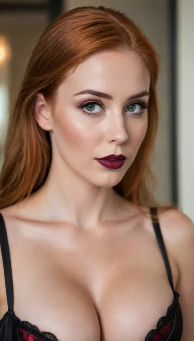 ziprealism, (30yo, intimate sensual esthetic, artistic study of feminine allure, offset composition), (seductive sensual expression, sensual eye contact, confident seductive smirk, confident pose:1.2), (f/2.8, shallow depth of field, subtle bokeh), (closeup, high angle view, view from side, shot in profile, focus on cleavage:1.8), (silky deep ginger hair with dark roots, straightened long hair, hair obscuring face, dark full eyebrows:1.4), (athletic body, sexy shelf top corset:1.4), (soft pillowed lips, moist lips, vibrant red lipstick:1.2), (natural skin texture, long thick eyelashes:1.2), (cozy bedroom), (large teardrop breasts, soft breasts, slender waist 1.4), (strong defined jawline, large expressive eyes, catchlights)