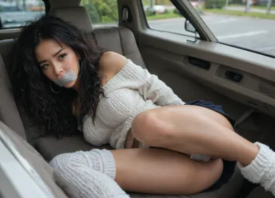 beautiful perfect bimbo, 18 years old, asian bimbo, blushing cheeks, long black hair, big hair, very fuzzy white off-the-shoulder sweater, short skirt, fuzzy socks, hands bound behind her back, sad, sad expression, scared eyes, sad eyebrows, duct tape over mouth. she is laying down in the back of a van, nighttime outside, dark outside, light from street lamps shining in.