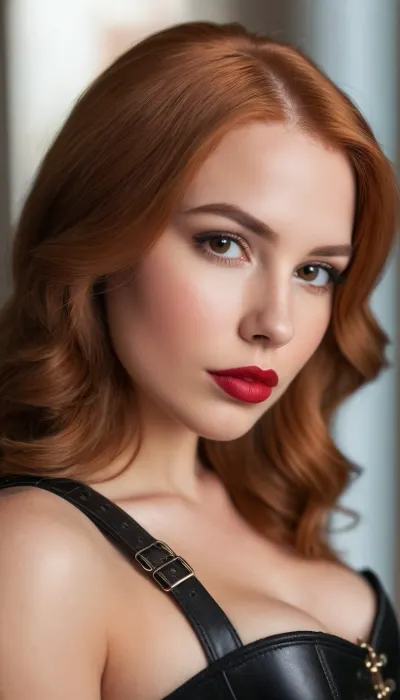 ziprealism, (30yo, intimate sensual esthetic, artistic study of feminine allure, offset composition), (seductive sensual expression, sensual eye contact, confident seductive smirk, confident pose:1.2), (f/2.8, shallow depth of field, subtle bokeh), (closeup, low angle view, view from side, shot in profile, focus on lips:1.8), (sleek deep ginger hair with dark root, straightened long hair, hair obscuring face, dark full eyebrows:1.4), (athletic body, tight black leather corset top:1.4), (soft pillowed lips, moist lips, vibrant red lipstick:1.4), (natural skin texture, long thick eyelashes:1.2), (cozy bedroom), (large teardrop breasts, soft breasts:1.2), (strong defined jawline, large expressive eyes, catchlights)