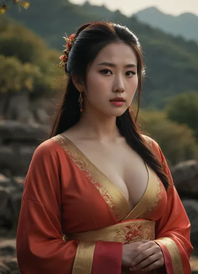 Yang Guifei, busty, outdoors, photorealistic, best quality, masterpiece