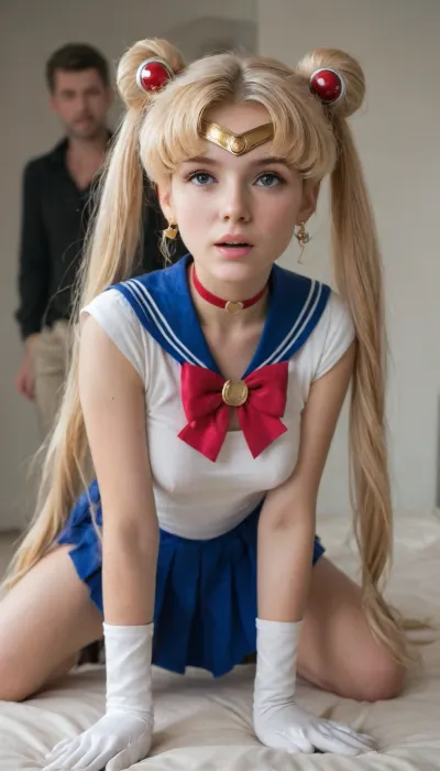 18 years blond girl in livingroom, Cosplay Sailor moon. On all fours, moon_a_xl, double, bun, twintails, long, twin, tails, blonde, parted, bangs, circlet, jewelry, earrings, choker, sailor, senshi, uniform, red, bow, white, gloves, elbow, blue, skirt, <lora:セーラームーン Sailor Moon  (Pretty Soldier Sailor Moon)_XL:.8>, <lora:kenziereeves_SDXL:.8>, flashing tits, orgasmic face, daddy fuck her Doggystyle, most orgasmic face