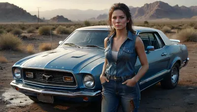Create a photorealistic scene set in the Arizona desert during the 1970s. A breathtaking female auto mechanic, drenched in sweat and covered in grease, stands in front of a brown classic, (Mustang Gen 2 from 1974:1.3), with its hood open. Her blue overalls are partially unbuttoned, revealing glimpses of skin, and her hands and face are smudged with oil. The intense desert heat creates a hazy, dusty atmosphere, adding a gritty, authentic vibe. She holds tools in one hand, focused and skilled, while the sun sets in the background, casting a warm glow. The entire scene captures the raw, hardworking essence and the sultry charm of the mechanic, (ziprealism:1.3), ultra-sharp details, realistic skin texture, refined contrast, 8k detail, authentic facial expression, clean composition, (maximum photo quality:1.4), (maximum resolution:1.5), Black, and, white, art, black, shading, charcoal, toned, brutal, dark, b/w, color, scheme, DonMSp3ctr4lXL, clothes, htk-mstng2, <lora:Black and white art.V1:.2>, <lora:photorealistic_portrait_notrigger:1.1>, <lora:MJ52:.5>, <lora:DonMSp3ctr4lXL-000008:.9>, <lora:Mustang_Gen_2_1974:.8>