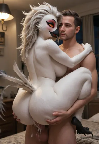 ((stella from helluva boss, avian body:1.2)), 5 fingers, anthrofied, big breasts, Big ass, Big thighs, (((furry art, anthro woman))), breasts, hotel, night, claws, female, finger claws, fingers, ((carry sex, human male, male love, faceless male, back view, cum overflow, leg lock)), looking at viewer, <lora:add-detail-xl:1.6>