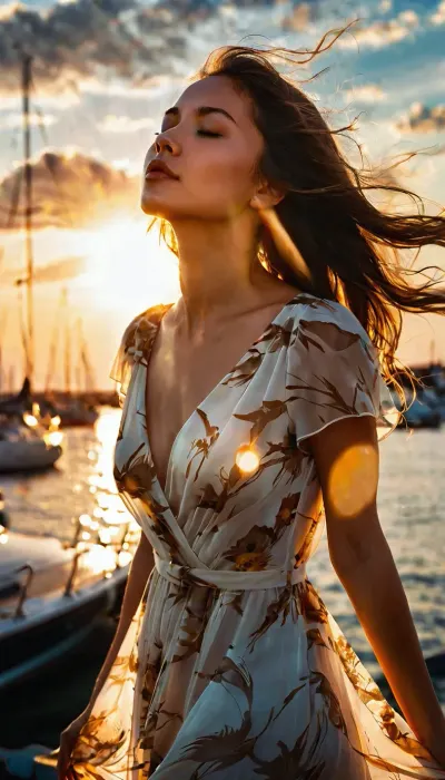 a portrait of a cute girl with a light transparent dress, eyes shut, mouth closed, long hair, wind, sky, clouds, the rising sun, sunlight, lights, lens flares effects, swirly bokeh, brush effect, (pier with vintage yachts), In style of Yoji Shinkawa, Jackson Pollock, wojtek fus, by Makoto Shinkai, (((concept art))), celestial, amazing, astonishing, wonderful, beautiful, highly detailed, centered