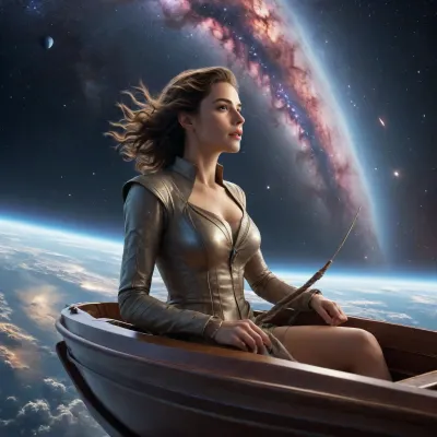 Create a fantasy-style image of a woman sailing in the Milky Way in space. It should have nebulae, a comet in the background, and stars. The woman is shown in a side view from above. She is steering the boat in space. The boat can be a normal, realistic style changed to fantasy, a sailboat with one sail could be...