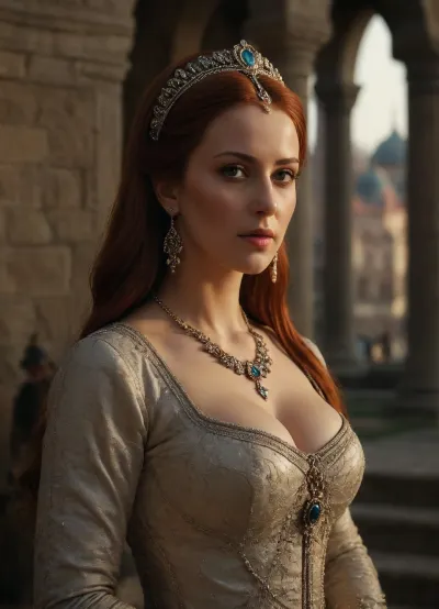 Hurrem Sultan, busty, outdoors, photorealistic, best quality, masterpiece