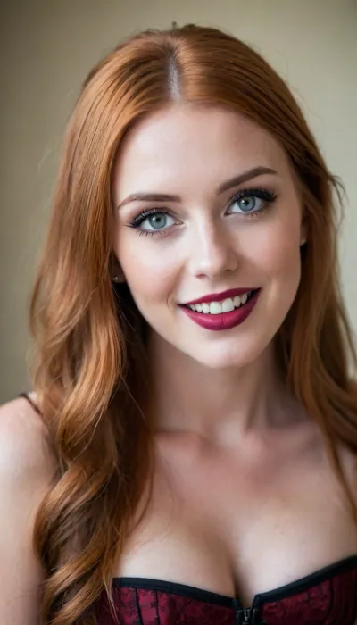 ziprealism, (24yo, intimate sensual esthetic, artistic study of feminine allure, eccentric framing, Dutch Angle), (shy hopeful eye contact, soft bashful laugh, demure self-conscious pose, hand raised in hair:1.4), (f/2.8, shallow depth of field, subtle bokeh), (closeup, high angle view, view from side, shot in profile, focus on eyes:1.8), (satiny rich aubrun-ginger hair with dark roots, straightened long hair, luxurious hair obscuring face, dark full eyebrows:1.4), (athletic body, sexy shelf top corset:1.4), (full lips, soft pillowy lips, moist lips, vibrant red lipstick:1.2), (natural skin texture, porcelain skin, long thick eyelashes, delicate innocent facial features, large expressive doe eyes:1.2), (cozy bedroom), (natural breasts, soft breasts, slender waist:1.2), (strong defined jawline, large expressive eyes, catchlights)