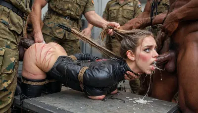 (RAW photo), 4K, best quality, realistic, photorealistic, masterpiece, extremely detailed, an extremely delicate and beautiful, dynamic, realistic anatomy, perfect shading, professional shading, depth of field, ((solo)), 19th century, 19 yo cute ginger girl, posing in palace, ((in like Soviet Military Uniform style nylon mini tight catsuit:1.4)), ((full body view)), ((view from side), (masterpiece, best quality, photorealistic, highres), (ultra realistic), (maximum quality), (high resolution), (extreme detail), (ultra realism), 3/4-body view from below, UHD, super high quality, super high resolution, extremely detailed, perfect eyes, (man is choking her from behind:1.4), ((hogtied, bound for sex, tied up)), (black eyes), (pale skin:1.3), cock in mouth, (brutal face fuck), Blowjob, (tears in eyes:1.5), (running makeup), (cum drips from nose:1.3), (cum drips from mouth:1.3), ultra hd, photorealistic, hyper gigantic large black cock in mouth, (((hyper gigantic large black cock in mouth:1.3))), oral cream pie, hair grab, sad, sad crying, tongue out, brutal face fuck, tears in eyes, running makeup, cum drips from nose, cum drips from mouth, one hand around her neck, choking her hard, strangling her, gasping for air, highly detailed, perfect lighting, natural lighting, holding head, deepthroat, black spiked pet collar with leash, tied up in chains, hands behind back, (anal:1.5), (masterpiece:1), hard nipples, shy, blushing, hourglass waistline, perfect anatomic body, ass up, anal spitroast, gagging on cock, (pulled nipples:1.2), nipple clamps, spitroast, cum explosion from mouth, cum explosion from nose, throat bulge, puffy cheeks, thick cum, holding her head with both hands, (((hyper large cock in mouth:1.3))), deep anal penetration, cum explosion, post orgasm, last orgasm, shot from below, Uber realistic, ultra detailed, masterpiece, arched back, detailxl, 35mm photograph, film, professional, 4k, 1girl, 5 boys, hdr, photographic, ultra realistic, ultra high details, back light, (dynamic pose), (dynamic angle), (random angle), (random pose), (dynamic view), (random view), best quality, with large muscular black men, gargantuan black cocks, anal sex expansion, ravenous hyper sex, large hyper muscular black men, interracial gangbang, (interracial sex), swollen black veiny cocks, (anal penetration)), (hands pulling hair hard, hair falling off:1.22), ((shows the V sign with his hands)), (extreme size difference:1.12), (eyes wide open in horror:1.44), (wide mouth spreader:1.18), (pleading expression:1.54), (terrified:1.58), (crying:1.98), (fear and panic:1.58), ((screaming in pain:1.46)), (huge dick:1.18), (whip marks:1.68), (whipped tits:1.67), magazine cover, <lora:LCMTurboMix_Euler_A_fix:2>, <lora:JuggerCineXL2:2>, <lora:Dark_Elf_Warrior:2>, <lora:Drow:2>, <lora:zavy-brbrn-sdxl:2>