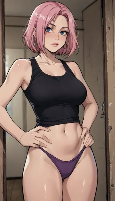 ((Melkor mancin meet markgavatino style)), reiq style, Solo, Milf, pink hair, (at doorframe), bimbo body, wearing black tank top, and purple panties, hands on hips, flirty, (intense blushing), ratatatat74, <lora:LCMTurboMix_Euler_A_fix:1.1>, <lora:EnvyBeautyXL02:1.9>, <lora:ratatatat74-000050:1.5>, <lora:mk_Bp Anime_xl:1.7>, <lora:viola:1.3>