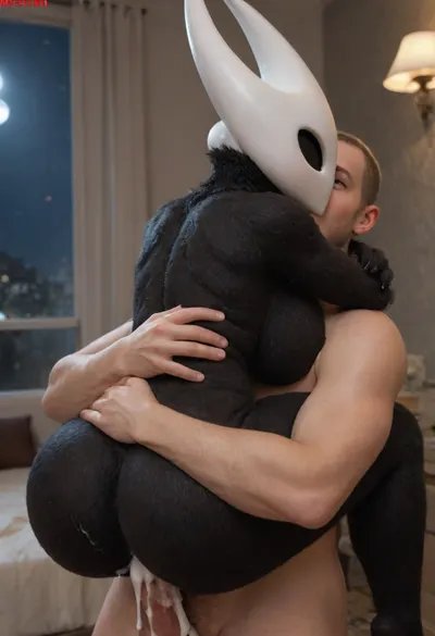 ((hornet from hollow knight, black body:1.2)), 5 fingers, anthrofied, big breasts, Big ass, Big thighs, (((furry art, furry woman))), breasts, hotel, night, claws, female, finger claws, fingers, ((carry sex, human male, male love, faceless male, back view, cum overflow, leg lock)), looking at viewer, <lora:add-detail-xl:1.6>