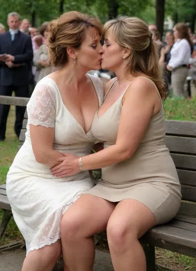 masterpiece, best quality, two very attractive, (curvaceous), (middle aged:1.6), married wives with, ((big natural tits)), sitting on a bench outside, (passionately kissing each other:1.4), one hand under the hem of the skirt, (wedding rings:1.1), french, kiss, <lora:french_kiss_xl_v1:1.3>, <lora:crowd_notrigger:1.2>