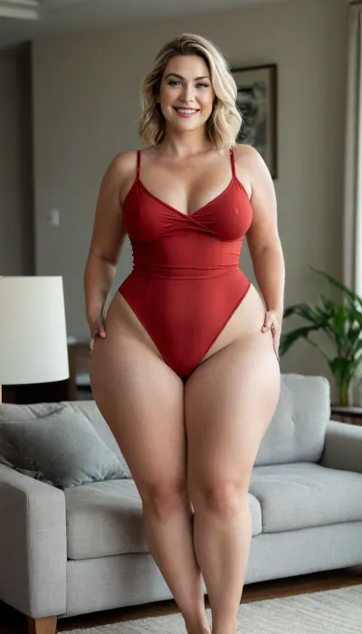 (gilf), A detailed, hyper-realistic medium shot captured from a slightly elevated perspective, (approx. 6'3"), . Jamie Smiles, a confident 38-year-old woman with a soft, curvy figure, is standing in a brightly sunlit modern living room. She leans slightly forward over the back of a couch, looking directly at the viewer with strong eye contact and a warm, playful smile. The lighting is bright, natural diffused daylight, emphasizing the knit textures and the soft contours of her body. Shot on an 85mm lens for cinematic intimacy.

Her face is full and rounded with defined cheekbones, expressive light eyes, and thick dark eyebrows. She wears subtle, polished makeup with natural lipstick. Her hair is a slightly wavy blonde bob with caramel highlights and soft roots.

Her physique is mature and body-positive, a naturally full bustline, rounded torso, wide hips, and substantial thighs that create a balanced hourglass silhouette. Her warm beige skin shows realistic texture and softness.

She wears a form-fitting red romper with thin straps and a tastefully low neckline. The smooth, stretch modal fabric has a subtle sheen, hugging her curves comfortably. Subtle ruching at the hips defines her silhouette, while the high-cut leg adds a stylish, modern touch., <lora:style_lora_realis:.8>, bottomheavy, big, ass, huge, gigantic, thick, thighs, massive, <lora:bottomheavy_v1_sdxl_LoRA:.8>, <lora:PantyPull-000005:.8>