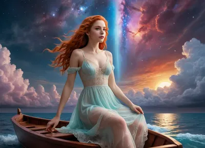 zero gravity, galaxy, (milky way), fantasy, open space cloud, (pastel style painting), wather maelstroom. dramatic clouds raibow, full lunar eclipse, sunrise, she is sailing a small boat in the milky way, the boat glides through the sky, long red hair, summer dress, lace filigree of bright, rich color, front below