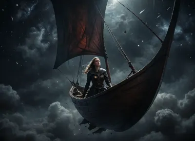A beautiful viking girl in a sail boat flying outer space, large sail, long shot, from below, dream like, surreal, fantasy, painting, Dark, dreams, Eerie, reality, Horror, Darkness, <lora:DDXL:.8>