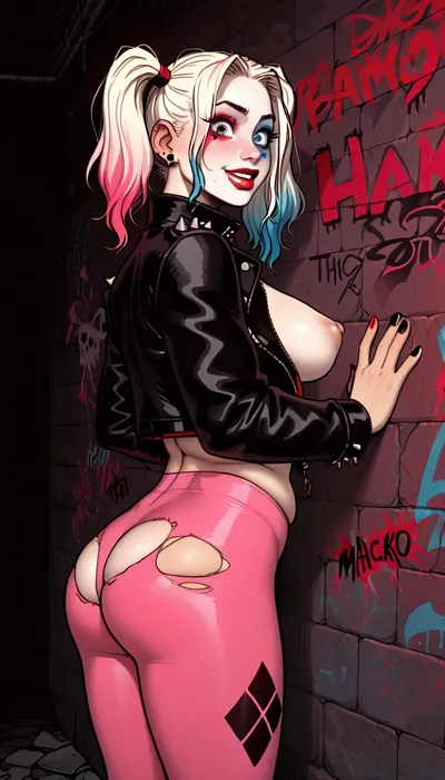 8k, score_9, score_8_up, score_7_up, melkor mancin meets Incase style, Harley Quinn emo girl, tattoos, thick puffy nipples, skinny body with big breasts, standing, near wall, contrapposto, shy smile, confused, ripped apart pink leggings with black stripes, leather jacket, graffiti, concrete, ratatatat74, cute, doodle, plump, skindentation, chubby, bbw, venus, body, big, breasts, ass, <lora:ratatatat74-000050:.8>, <lora:cutedoodle_XL-000012:.8>, <lora:NEOTOKIOXL_0.2_RC:.8>, <lora:Chubby BBW - XL:1.6>