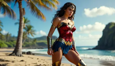 Create an image, (view of full body), of *Wonder Woman* in her classic WWII-era costume, a red, gold-breasted armor top with a prominent eagle emblem, 36DD breasts, showing deep cleavage, blue skirt, red high heel wedge boots. Confident expression, looking at viewer with her light blue eyes. Include her golden tiara and silver bracelets., Sitting on a Hawaiian island beach with clear blue skies., <lora:MJ52:2>, <lora:add-detail-xl:2>, <lora:BUT_SDXL_SHS:.3>