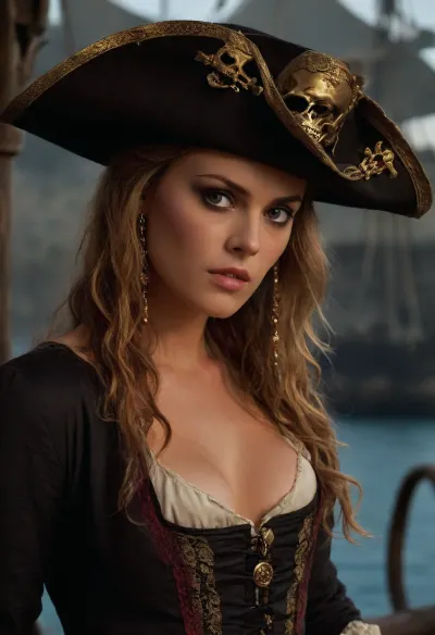 ((Elizabeth swann)), Pirates of the carribean, (skull pirate hat), hyper realistic face, detailed face, female pirate queen, hero view, action pose, extremely beautiful detailed piercing eyes, cinematic scene, scenery, detailed background, masterpiece, best quality, high quality, absurdres, very detailed, high resolution, sharp, sharp image, 8k, vivid, colorful, h41ry, <lora:h41ry:.8>