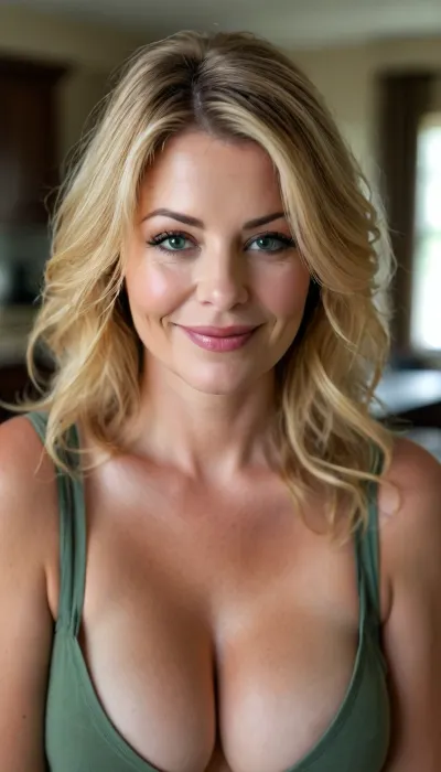 Obese, chubby, female housewife, busty, 55 y.o., minimalist modern home background, sleeveless casual comfortable outfit, blonde amber hair, layered haircut hairstyle, thick expressive arched eyebrows, beautiful eyes, captivating bright light green eyes, look at me, sexy full lips, big smile, big, sagging, busty cleavage with a natural mature drop, alluring yet dangerous, close up view, sapphic, look at my eyes, dramatic lighting., <lora:style_lora_realis:.8>