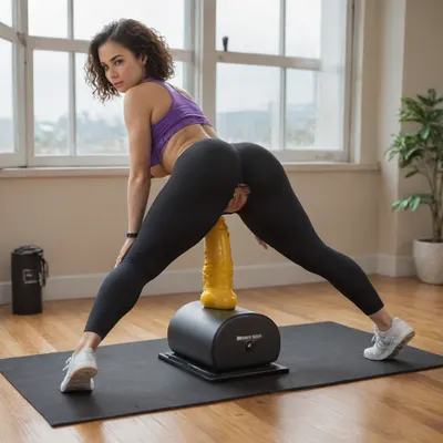 (((Magazine photoshoot))), . an extreme beautiful pilates instructor with perfect hourglass body, stretching on a yoga mat, she wearing a torn yoga shirt and a tight colorful yellow purple black stripe yoga pant with unzip asshole exposed, she have a garmin watch on her wrist and wear an on cloud shoes and big headphone, ((nipple ring)), ((sexy arched back to the ground, her hand touching her foot)), (alot of indoor plants in the room), ((she is riding a massive sex machine with big yellow dildo and doing a yoga stretch))