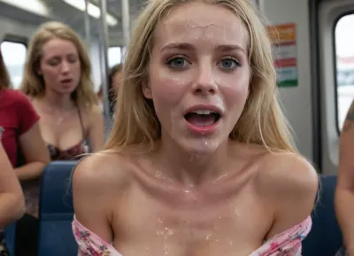 masterpiece, award winning photo, detailed cute shy face, realism, passion, lust, ultra realism, UHD 8K, extreme realism, maximum detail, realistic face features, 22 year Swedish bony gorgeous girl, tall skinny petite, long blonde hair, cute face, small breasts, pink perky nipples, exposing left breast, one breast visible, wearing floral print summer mini dress, cleavage, one boob falling completely out, ((thick white cum on face, cum dripping from hair, cum in eyes, cum on boobs, cum on clothes)), (sitting on public transport, random people behind desperately looking her), POV, viewed from high above, random women on background, .best quality photograph, intricate details, ultra-detailed, finely detailed, highres, 8k wallpaper, photographic look, canon50, joyful reaction, cloth, facialized, superfacialized, woman, cum, on, face, <lora:facialized:2>, <lora:JustCum:2>