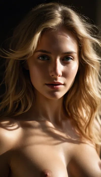 Portrait of a young, (shyly:.8), (smiling:.8), nude woman with flowing long, (messy:1.1), blonde hair that, (cover:1.3), her breasts, eyes covered by hair, (volumetric:1.1), (chiaroscuro:1.2), lighting, analog color film photograph, 50mm F1.2L lens, (shallow:1.2), depth of field, close-up, emotions, sensual pose, high dynamic range, HDR, low key, subsurface scattering, (moody:.9), shadows and, (complex:1.1), lighting., (Green:.8), radiant eyes, RAW photography., <lora:OpenJourney-LORA:.5>