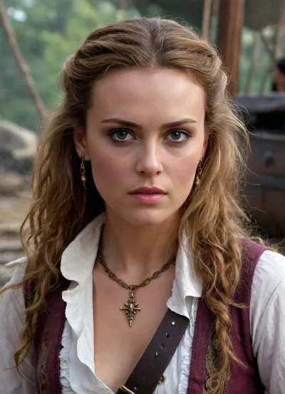 ((Elizabeth swann)), Pirates of the carribean, hyper realistic face, detailed face, female pirate queen, hero view, action pose, extremely beautiful detailed piercing eyes, cinematic scene, scenery, detailed background, masterpiece, best quality, high quality, absurdres, very detailed, high resolution, sharp, sharp image, 8k, vivid, colorful, h41ry, <lora:h41ry:.8>