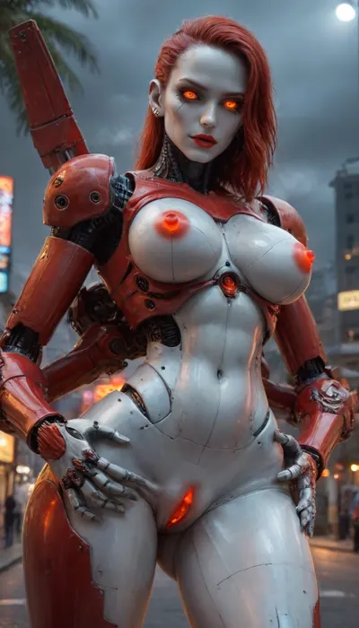 sharp focus, solo, (1robot, (Robot, robot is Terminator, Cyberdyne-101)), (1woman, 1robot), (round tits in the palm robot, girl tits in the hands of robot, robot holds the girl by the breast, groping tits, robot's palms on the girl's chest, spreading pussy, seductive modeling), (showing ass, grabbing ass), fantasy, lovely, futuristic city background, (extra robot arms:1.8), metallic red neon glowing LED nipples, metallic neon red glowing pussy, robot pussy, robot breasts, metallic neon red glowing lips, robot lips, (epic realistic:1.1), (hdr:1.1), intricate details, cinematic, detailed, (portrait), photorealistic, 4k, absurdres, ((perfect anatomy)), FemTerminatorCos, steam, fog, eerie atmosphere, ral-vlntxplzn, <lora:FemTerminatorCos_SDXL:2>, <lora:ral-vlntxplzn-sdxl:.1>, <lora:xl_more_art-full_v1:2>