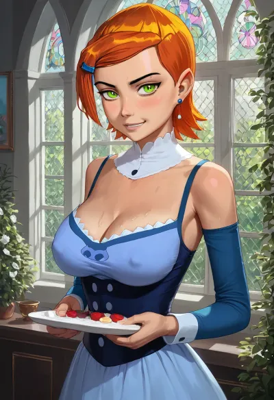 masterpiece, best quality, photorealistic, 17th century lady, (milf:1.6), (very beautiful:1.4), (big natural tits:1.6), (saggy breasts:.8), curvaceous, Victorian era dress with deep cleavage, heaving breasts, garden of castle, NEGATIVE_HANDS, hoopdress, gwen, tennyson, (/Ben10), /, (ultra, HD, quality, details), bright, orange, hair, short, (green, eyes), <lora:bab4d033-acad-4a4e-b6fa-5dda2bad3471.TA_trained:1.7>, <lora:crowd_notrigger:.2>, <lora:Gwen Tennyson (Ben10) - XL SCXL V1.0:.8>