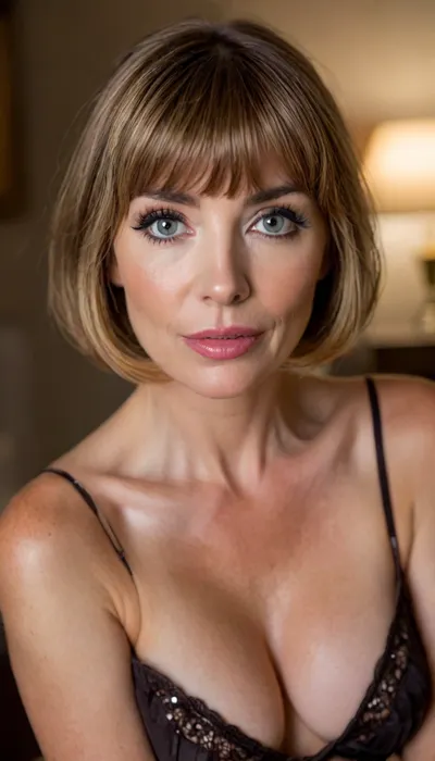 ziprealism, (intimate snapshot esthetic), (milf), (sensual mature 58 year old woman, sexy lingerie, off the shoulder, teasing cleavage, intimate seduction:1.4), (mischievous smirk, seductive expression, sensual pose), (f/2.8, shallow depth of field, Dutch Angles:1.2), (focus on eyes, perfect eyes:1.2), (subtle bokeh:.4), (vibrant dark blonde hair with warm highlights, short French Bob cut hair, cute blunt bangs and fringe, voluminous hair:1.6), (large teardrop breasts), (large expressive eyes, perfect eyes, defined jawline, full lips, long face, square jaw, pale skin, soft blush), (cozy bedroom, warm romantic lighting), igbaddie, <lora:igbaddie-XL:.4>, <lora:style_lora_realis:.8>