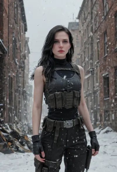 Female version of Bane from The Dark Knight Rises, (Yennefer), college woman, ((young woman:1.7), (youthful face:1.3), (petite:1.3), short, slim, slender), (tiny breasts), . Wearing the iconic black breathing mask with silver accents redesigned to fit her face, tactical military vest, sleeveless, armored pants, and fingerless gloves. Dark hair tied back tightly or shaved at the sides for a hardened look. Standing in a ruined Gotham street with fire and debris around her, snow falling, exuding dominance and menace. Ultra-realistic cinematic art, highly detailed, dramatic gritty lighting, atmosphere of strength, danger, and control.