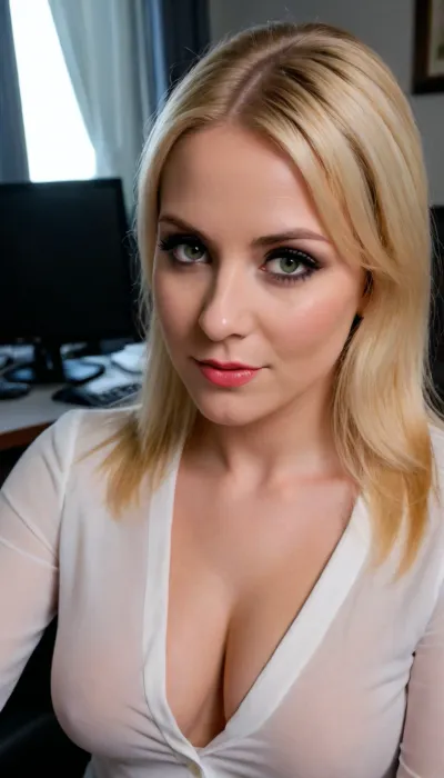 ((miquella from elden ring)), female milf secretary, milf 40 y.o., boss office cabinet background, black secretary outfit, (blonde hair), (elegant hairstyle), beautiful eyes, look at me, sexy lips, smile, big dark areolas, deep cleavage, alluring yet dangerous, close up viev, dark sapphic glamour, look attt my eyes, dramatic lighting., sagging, tpsp, <lora:sagging-000015:.5>, <lora:Torpedo_Tits_Anime-GMR-000007:1.1>, <lora:SDXLHighDetail_v6-000005:.8>