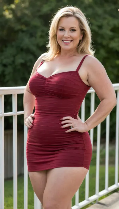 Jamie Smiles, bbw mature milf, blonde, 58 years old, soft hourglass figure, ruby red bodycon mini dress, vertical stripes, waist emphasized, hips highlighted, leaning against railing, flirtatious smile, golden hour sunlight, neighborhood summer gathering, blurred background, candid photograph, 85mm lens, f/1.8 depth of field, raw photo, bottomheavy, big, ass, huge, gigantic, thick, thighs, massive, <lora:bottomheavy_v1_sdxl_LoRA:.8>