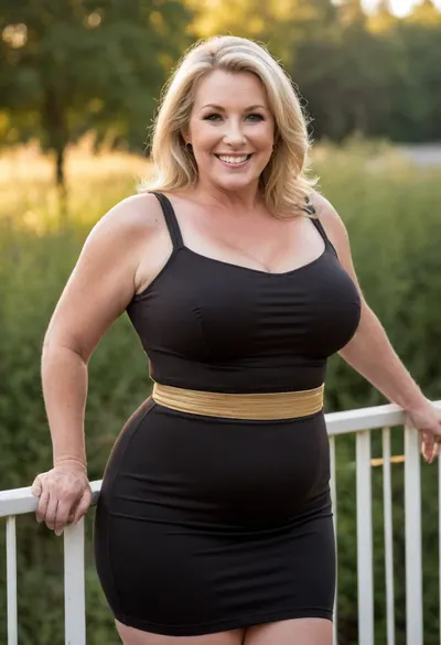Jamie Smiles, bbw mature milf, blonde, 58 years old, soft hourglass figure, black bbodycon mini dress, vertical stripes, waist emphasized, hips highlighted, leaning against railing, flirtatious smile, golden hour sunlight, neighborhood summer gathering, blurred background, candid photograph, 85mm lens, f/1.8 depth of field, raw photo, huge, breasts, big, narrow, waist, <lora:BodyLicious:.8>
