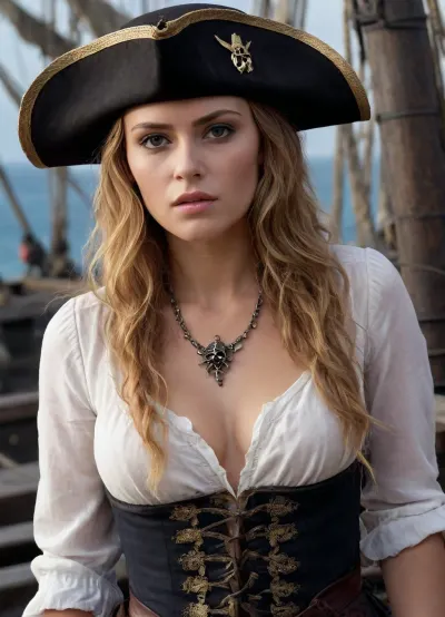 ((Elizabeth swann)), Pirates of the carribean, (skull pirate hat), hyper realistic face, detailed face, female pirate queen, hero view, action pose, extremely beautiful detailed piercing eyes, cinematic scene, scenery, detailed background, masterpiece, best quality, high quality, absurdres, very detailed, high resolution, sharp, sharp image, 8k, vivid, colorful, h41ry, <lora:h41ry:.8>