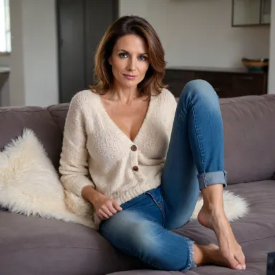 beautiful sexy 50 year old woman with brown eyes and honey brown hair. posing on the couch in a fluffy sweater she is removing to reveal her full breasts and erect nipples. she is barefoot with perfect feet and toes wearing tight blue jeans. full length photo