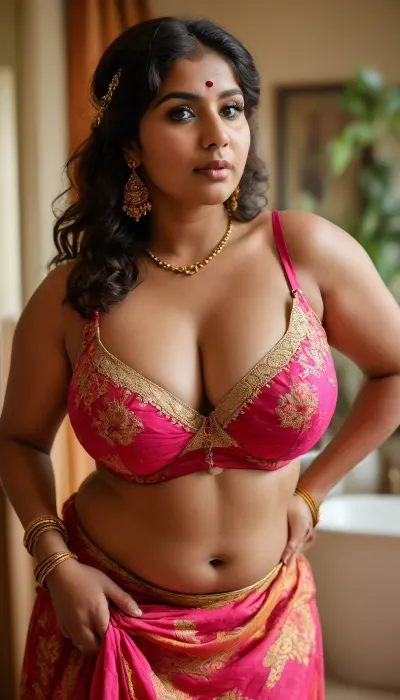 closeup candid photo, natural moment, slight camera tilt, captured mid-motion, cropped to chest, tight framing, big hips, cleavage, huge xxl boobs, thick body, ((bbw:1.4)), downblouse view, realistic Indian woman in her late 30s with deep brown skin, South Indian facial features, fuller lips, expressive almond eyes, averted gaze, bindhi, natural thick body, soft round belly, pudgy midsection, fat tummy, exposed navel, wide hips, heavy breasts, beautiful floral patterned lace trim bra, (visible nipple contour through bra:.3), pleated linen long skirt with waistband below navel, realistic fabric texture, fine stitching, heavy gold jewelry, wedding bangles, natural lighting, lifelike skin texture, henna tattoos, 1970s bathroom, leaning slightly forward, hot pink, deep orange, warm gold, amber highlights, photo realism, high detail, clean anatomy, <lora:clothed_small:.8>, <lora:Chubby BBW - XL:1.4>, <lora:MJ52:.8>, <lora:RealDownblouseXL2:.6>