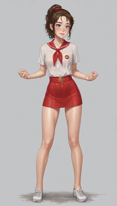 (single drawn girl:1.3), (illustration:1.3), (hand drawn:1.3), (drawn porno comics book cover:1.3), (TITLE text, "Pioneer":1.3), (Soviet pioneer girl:1.2), extra very cute Soviet pioneer girl 21yo, in a red scout tie, very wet transparent white blouse and without panties, ((submissive)), ((lovely)), (((in very sexual erotic pose))), wild vawy wet brown hair with many sidelocks, short sport ponytail with many sidelocks, full body, (((full body view))), (((high detailed legs))), ((very much want have sex)), ((high detailed pores on skin)), well-build fitness body, medium very milky tits, small lips, lots of freckles face and skin, blush on the checks and nose, (raised nasal tip, upturned button nose, upturned nose, delicate nose, nose), hypnotized loving grey eyes, very sexy smile, sexy random pose, sovietForm, sopi, very wet transparent pionyrs, very wet transparent shirt, neckerchief, very wet transparent skirt, sash, badge, <lora:iltromba_artwork_style_smm_SDXL_LORA_v07:.5>, <lora:text:1.1>, <lora:pionyrka:.8>