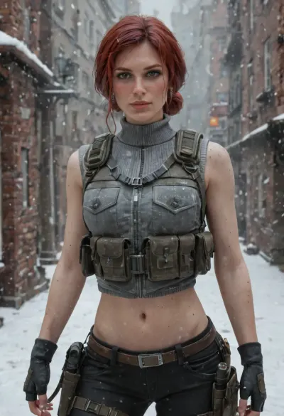 Female version of Bane from The Dark Knight Rises, (Triss Merigold), college woman, ((young woman:1.7), (youthful face:1.3), (petite:1.3), short, slim, slender), (tiny breasts), . Wearing the iconic black breathing mask with silver accents redesigned to fit her face, tactical military vest, sleeveless, armored pants, and fingerless gloves. Dark hair tied back tightly or shaved at the sides for a hardened look. Standing in a ruined Gotham street with fire and debris around her, snow falling, exuding dominance and menace. Ultra-realistic cinematic art, highly detailed, dramatic gritty lighting, atmosphere of strength, danger, and control.