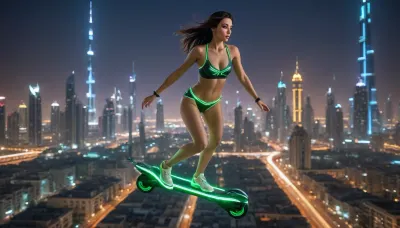 A futuristic flying scooter soars over Dubai. A slender woman in tight underwear flies through the air at high speed, soaring above Dubai. From above, a panoramic view of the city unfolds. A sleek, neon-lit flying scooter flies through the sky above a futuristic cityscape. A determined woman in her twenties with long, dark hair wears a minimalist, form-fitting electric thong that accentuates her toned physique, enhanced by vibrant neon green circuitry, neon details, and holographic advertisements. The composition is a dynamic wide shot, with the camera tilted slightly upward to emphasize the speed and height of the flying scooter. The lighting combines electric neon with the soft glow of the setting sun, casting long shadows across the city. The atmosphere radiates energy and innovation, with a touch of rebellious freedom, suggesting a fusion of cyberpunk aesthetics and futuristic design.